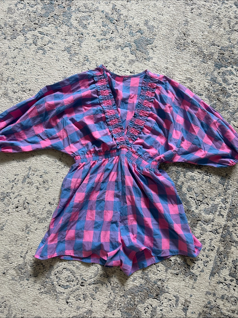 Pink and Blue Check V-Neck Ruffle Romper